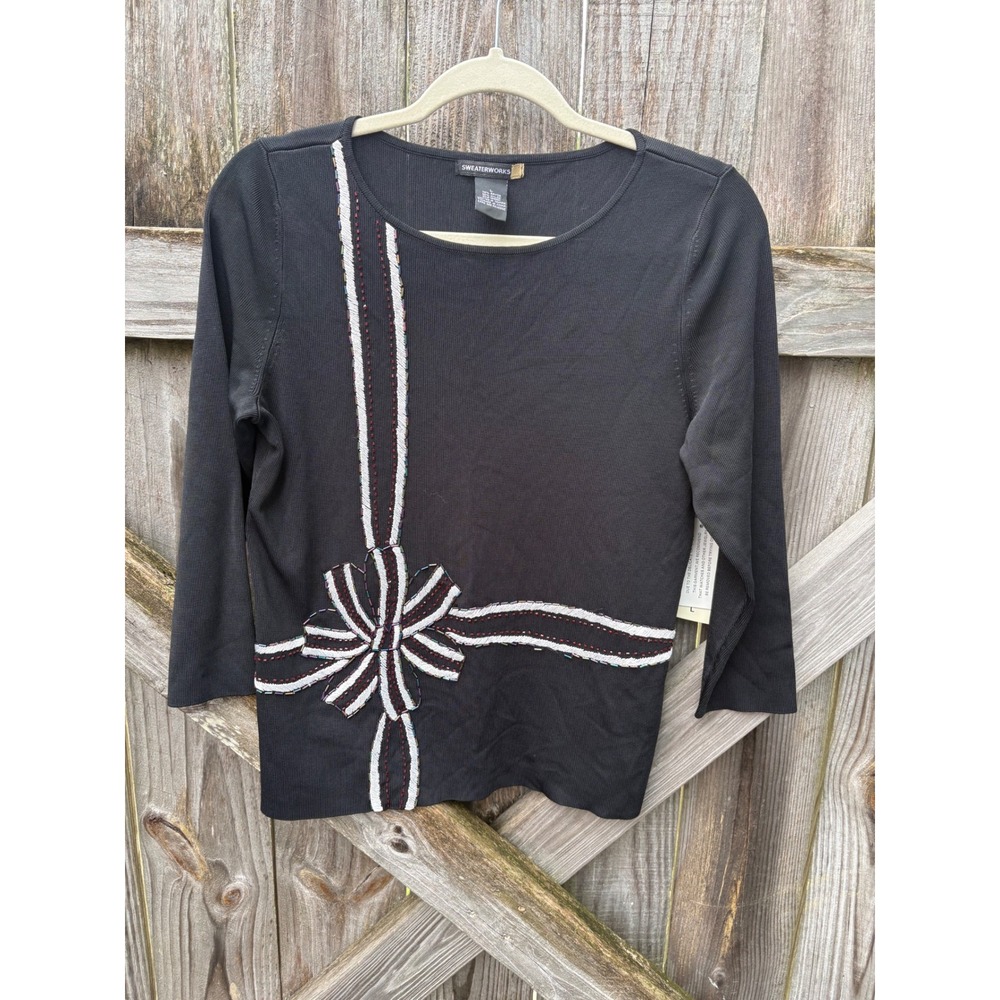 NWT Sweaterworks Black Beaded Bow Knit Top 3/4 Sleeve Holiday 2528RW L